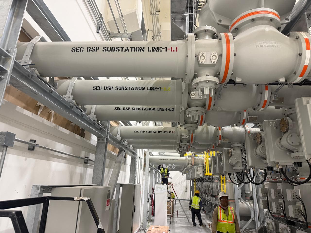 High-voltage GIS bus ducts installed on a utility substation project